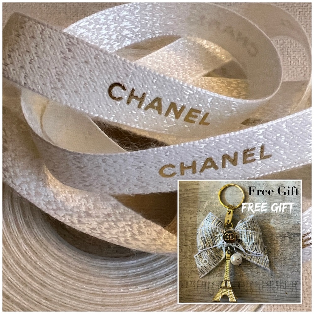 Chanel Gift Wrapping Ribbon White/Gold Logo 2 Yards